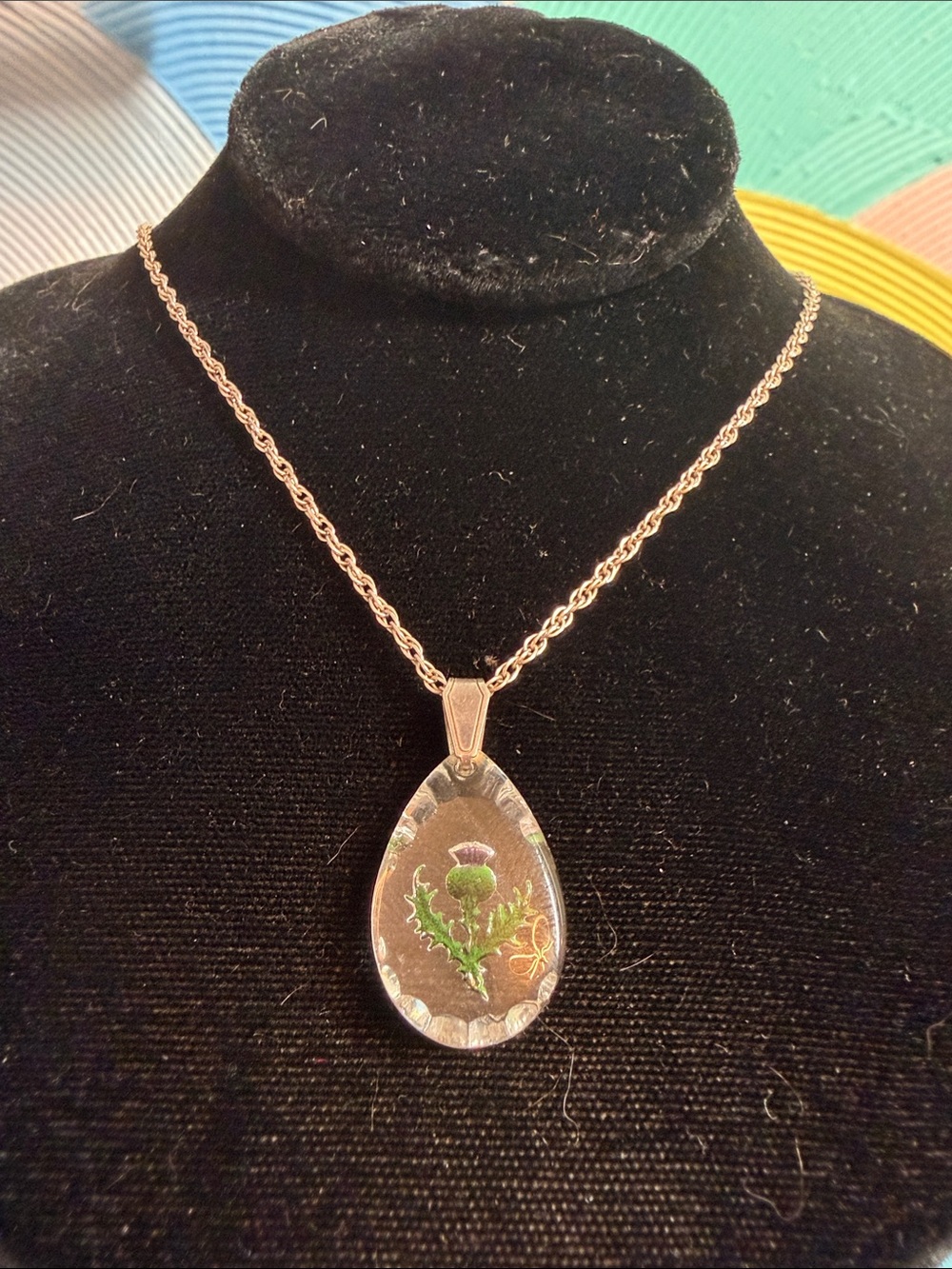 Vintage 925 Sterling Silver Hand Paint Scottish Thistle Crystal Pendant Necklace